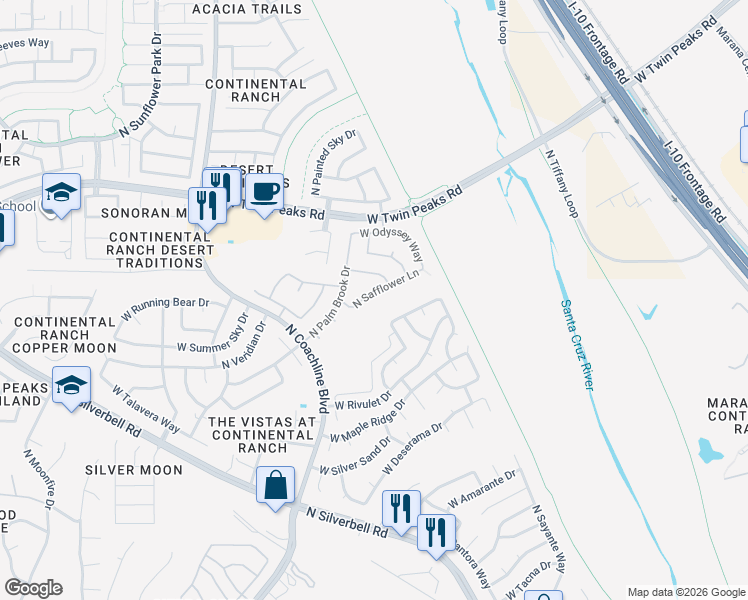 map of restaurants, bars, coffee shops, grocery stores, and more near 9070 North Safflower Lane in Tucson
