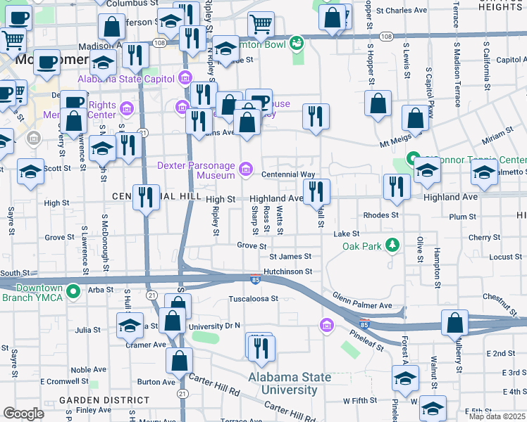 map of restaurants, bars, coffee shops, grocery stores, and more near 424 Ross Street in Montgomery