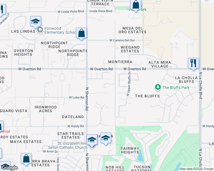 map of restaurants, bars, coffee shops, grocery stores, and more near 9001 North Camino del Fierro in Tucson