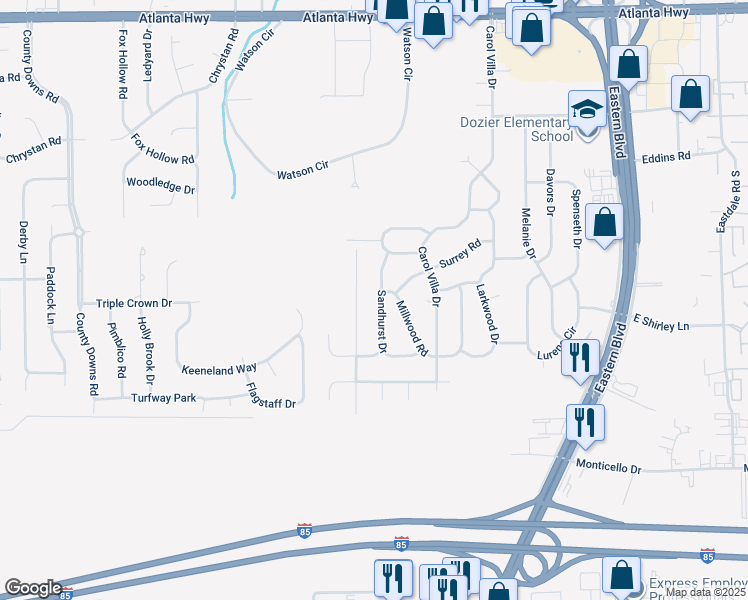 map of restaurants, bars, coffee shops, grocery stores, and more near 638 Sandhurst Drive in Montgomery