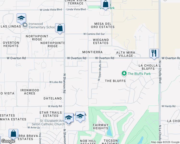 map of restaurants, bars, coffee shops, grocery stores, and more near 9083 North Ironwood Bluffs Lane in Tucson