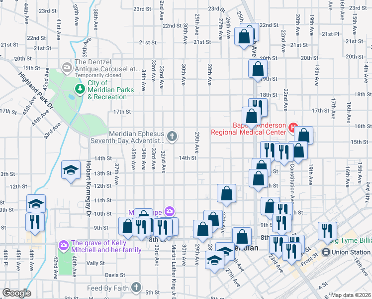 map of restaurants, bars, coffee shops, grocery stores, and more near 1420 30th Avenue in Meridian