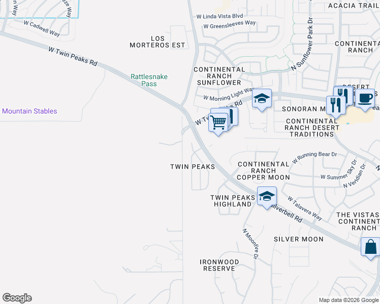 map of restaurants, bars, coffee shops, grocery stores, and more near 8145 West Valhalla Place in Tucson