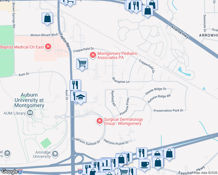 map of restaurants, bars, coffee shops, grocery stores, and more near 718 Autumn Ridge Road in Montgomery