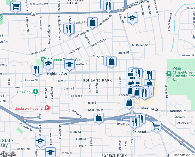map of restaurants, bars, coffee shops, grocery stores, and more near 2401 Plum Street in Montgomery