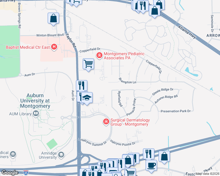 map of restaurants, bars, coffee shops, grocery stores, and more near 7300 Glen Chase Road in Montgomery