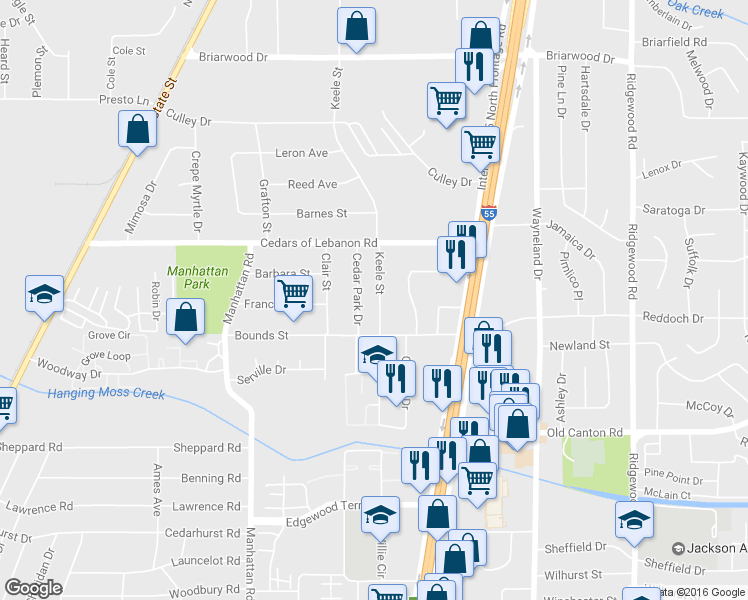 map of restaurants, bars, coffee shops, grocery stores, and more near 5335 Keele Street in Jackson