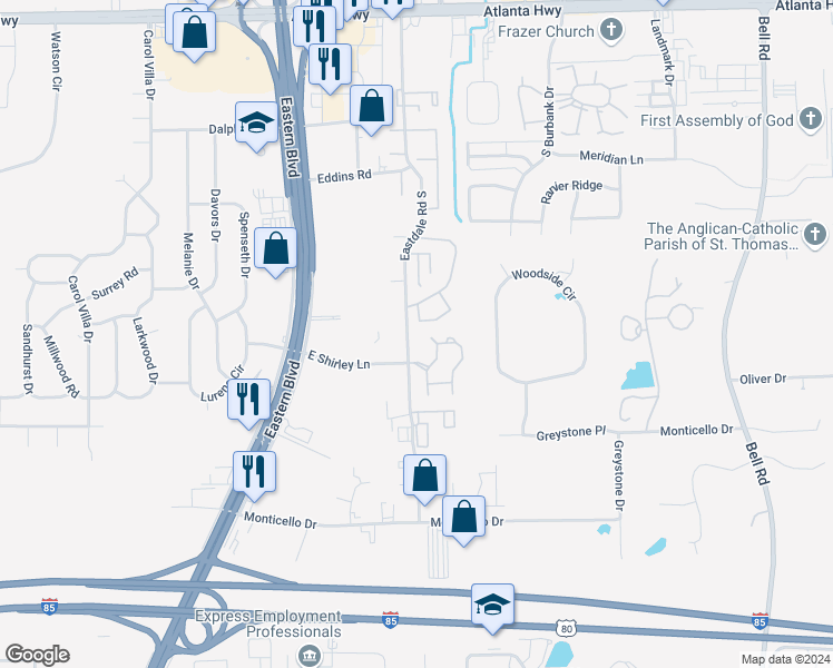 map of restaurants, bars, coffee shops, grocery stores, and more near 545 Eastdale Road South in Montgomery