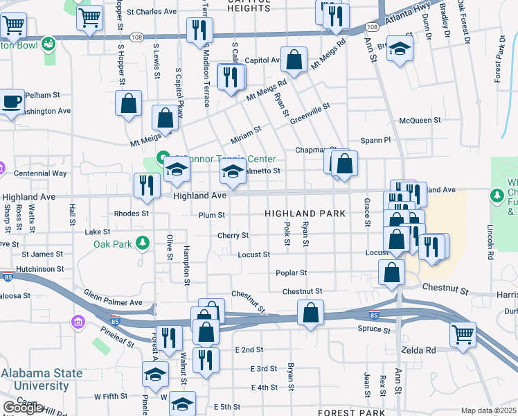 map of restaurants, bars, coffee shops, grocery stores, and more near 2115 Plum Street in Montgomery