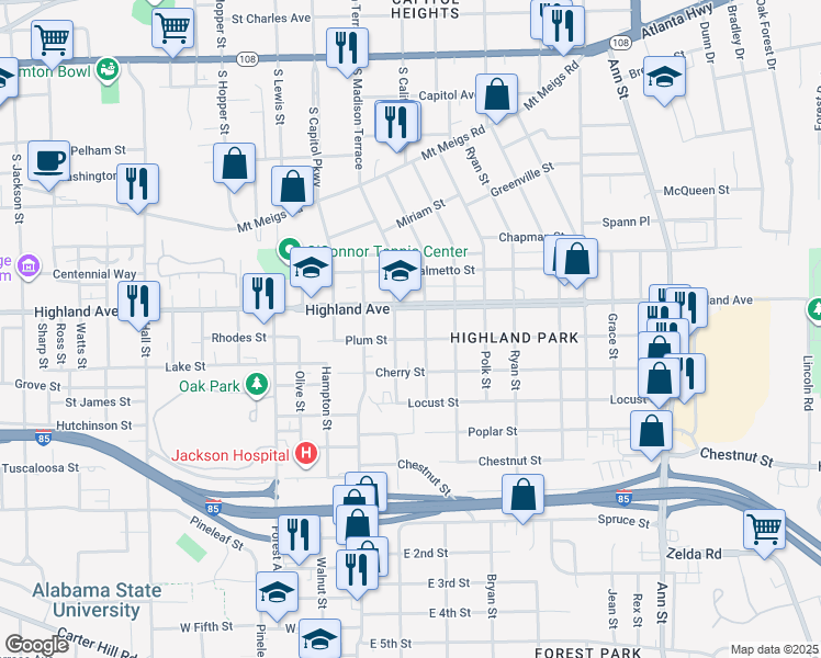 map of restaurants, bars, coffee shops, grocery stores, and more near 2024 Highland Avenue in Montgomery