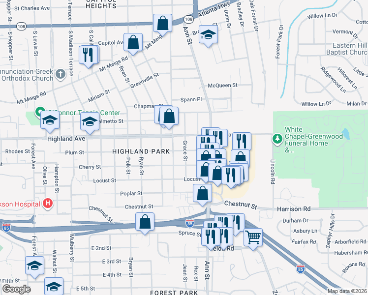 map of restaurants, bars, coffee shops, grocery stores, and more near 2623 Plum Street in Montgomery