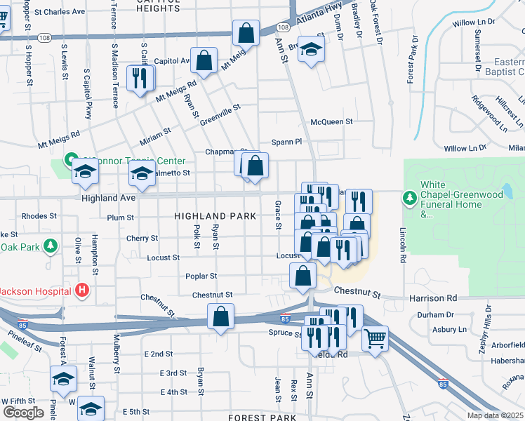 map of restaurants, bars, coffee shops, grocery stores, and more near 2601 Plum Street in Montgomery