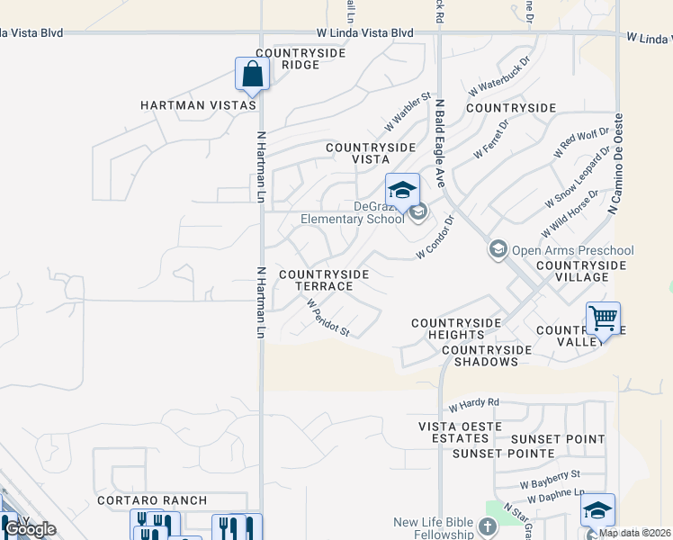 map of restaurants, bars, coffee shops, grocery stores, and more near 9090 North Eaglestone Loop in Tucson