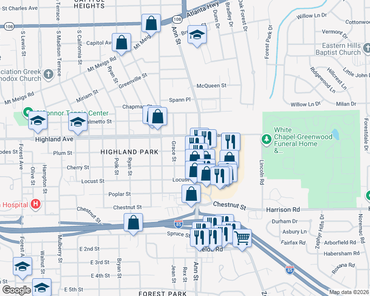 map of restaurants, bars, coffee shops, grocery stores, and more near 2721 Plum Street in Montgomery