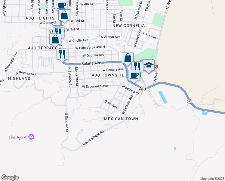 map of restaurants, bars, coffee shops, grocery stores, and more near 301 West Vananda Avenue in Ajo