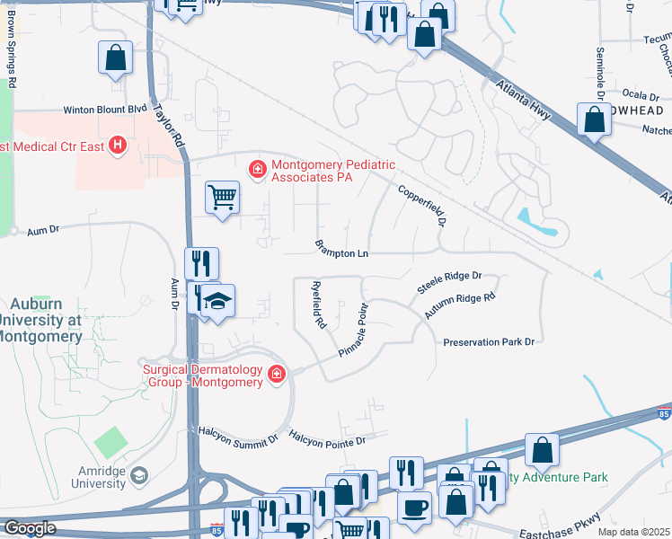 map of restaurants, bars, coffee shops, grocery stores, and more near 642 Ryefield Road in Montgomery