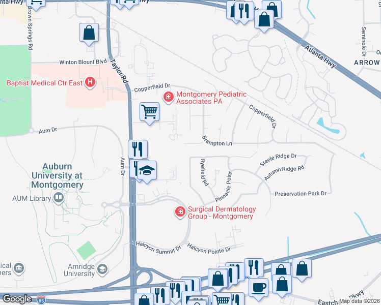 map of restaurants, bars, coffee shops, grocery stores, and more near 718 Autumn Ridge Road in Montgomery
