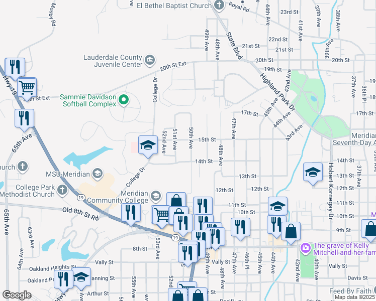 map of restaurants, bars, coffee shops, grocery stores, and more near 1421 50th Avenue in Meridian