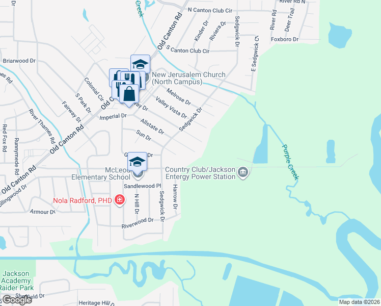 map of restaurants, bars, coffee shops, grocery stores, and more near 365 Allstate Drive in Jackson