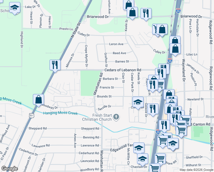 map of restaurants, bars, coffee shops, grocery stores, and more near 326 Francis Street in Jackson