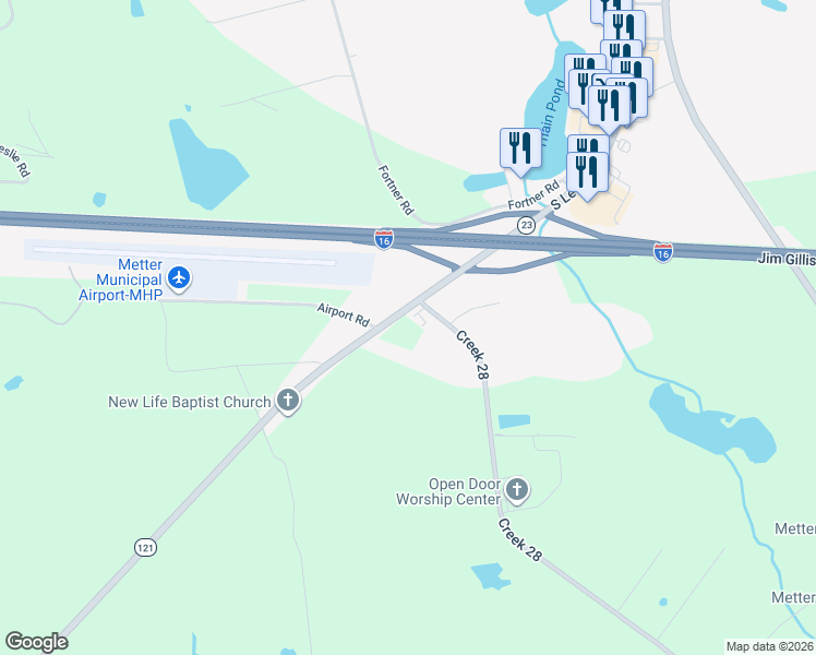 map of restaurants, bars, coffee shops, grocery stores, and more near 32640 Georgia 121 in Metter