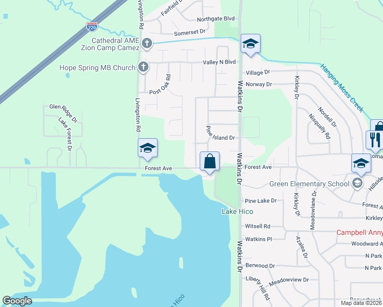 map of restaurants, bars, coffee shops, grocery stores, and more near 121 Lake of Pines Dr in Jackson
