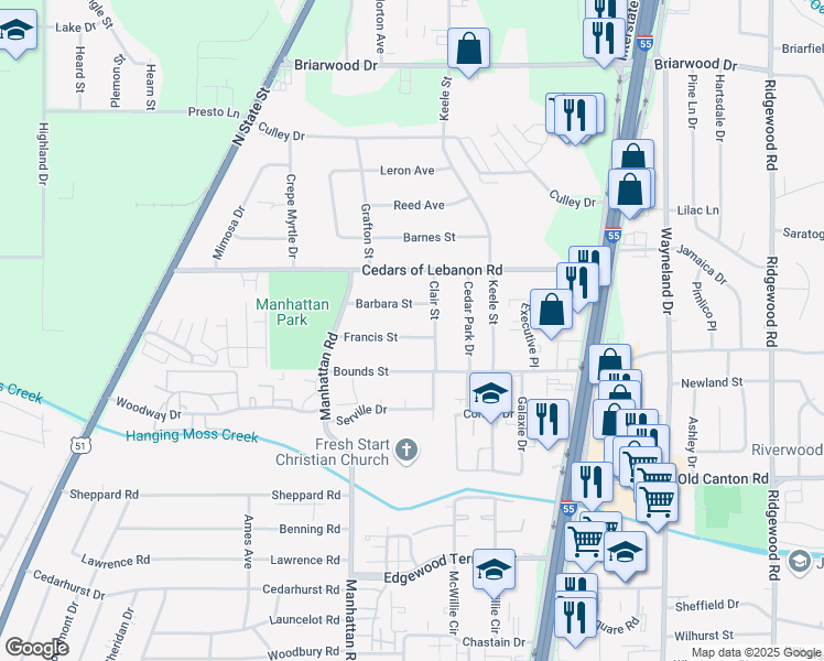 map of restaurants, bars, coffee shops, grocery stores, and more near 362 Francis Street in Jackson