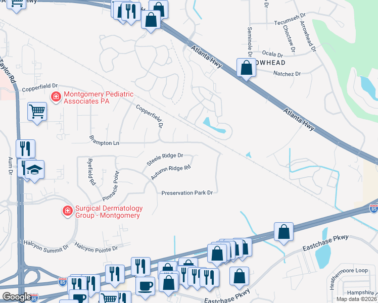 map of restaurants, bars, coffee shops, grocery stores, and more near 7755 Steele Ridge Drive in Montgomery