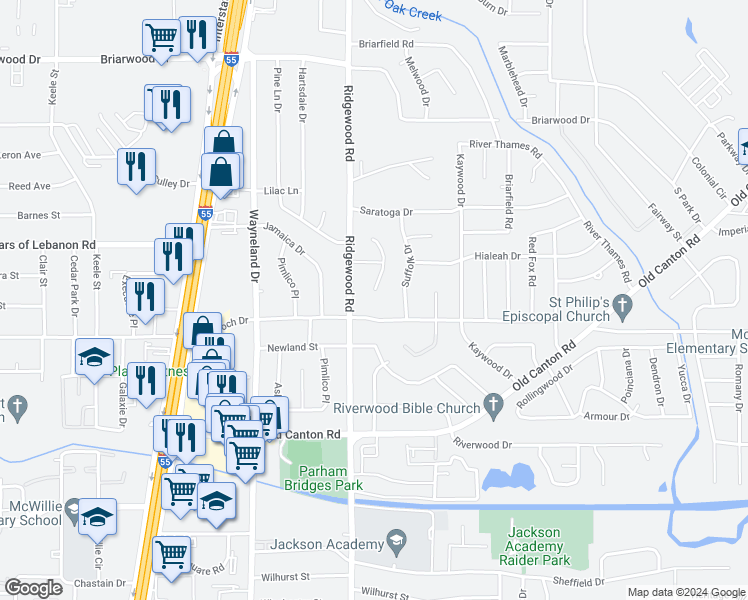 map of restaurants, bars, coffee shops, grocery stores, and more near 5301 Venetian Way in Jackson