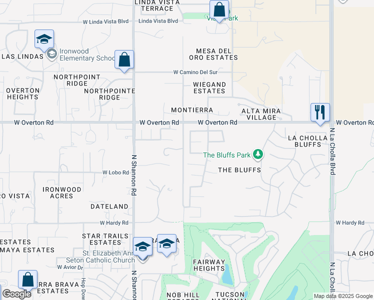 map of restaurants, bars, coffee shops, grocery stores, and more near 9083 North Ironwood Bluffs Lane in Tucson