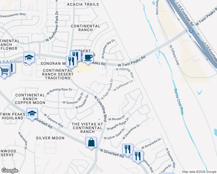 map of restaurants, bars, coffee shops, grocery stores, and more near 9079 North Palm Brook Drive in Tucson