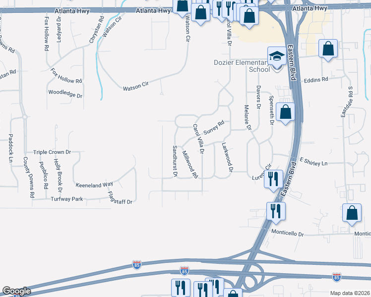 map of restaurants, bars, coffee shops, grocery stores, and more near 5205-5215 Millwood Road in Montgomery