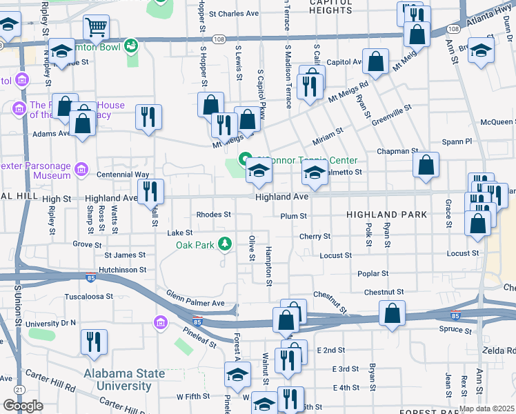 map of restaurants, bars, coffee shops, grocery stores, and more near 1765 Plum Street in Montgomery