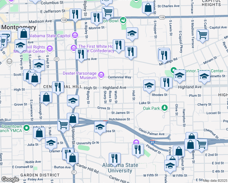 map of restaurants, bars, coffee shops, grocery stores, and more near 424 Ross Street in Montgomery
