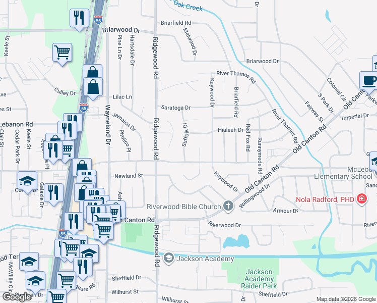 map of restaurants, bars, coffee shops, grocery stores, and more near 5324 Suffolk Drive in Jackson