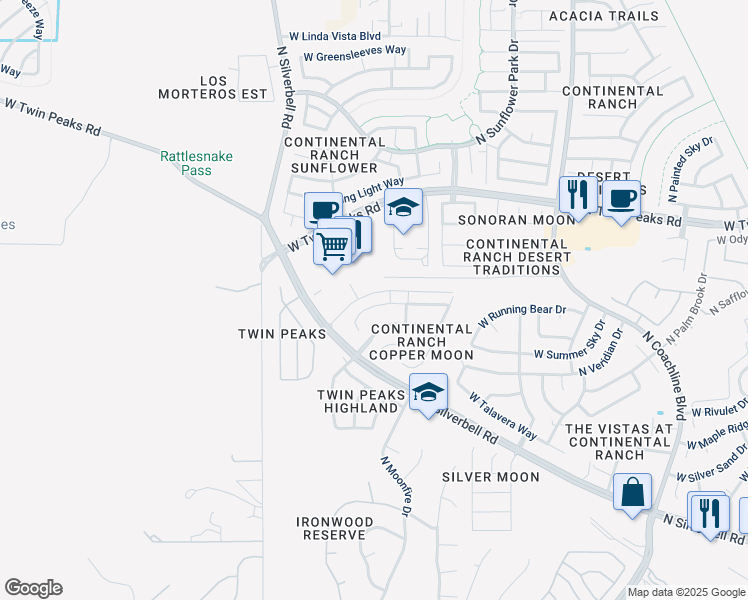 map of restaurants, bars, coffee shops, grocery stores, and more near 7970 West Mural Hill Drive in Tucson