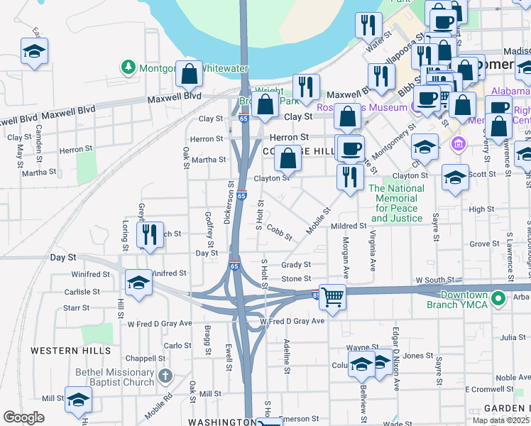 map of restaurants, bars, coffee shops, grocery stores, and more near 467 South Holt Street in Montgomery