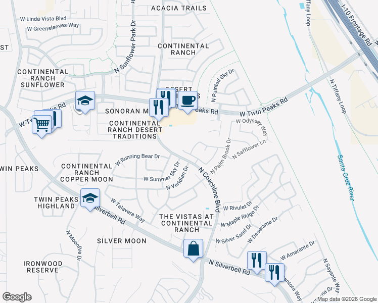 map of restaurants, bars, coffee shops, grocery stores, and more near 9081 North Veridian Drive in Tucson