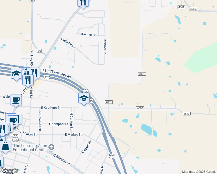 map of restaurants, bars, coffee shops, grocery stores, and more near 18404 County Road 4001 in Mabank