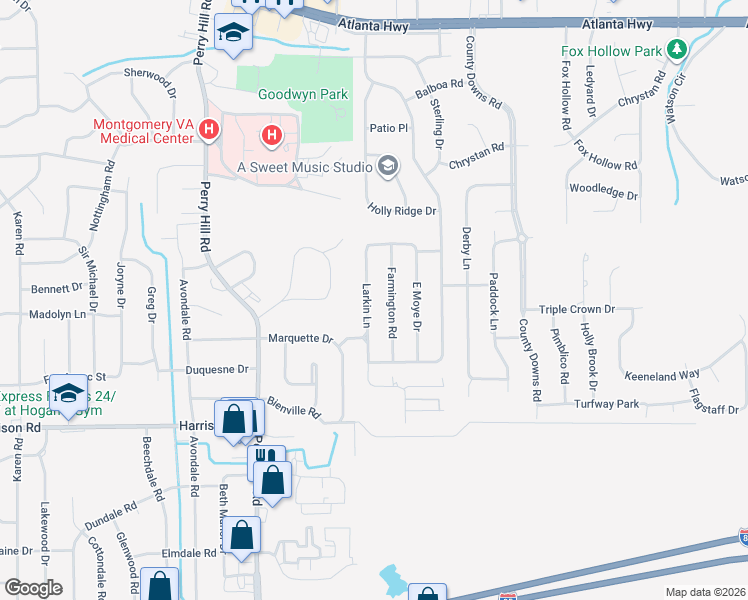 map of restaurants, bars, coffee shops, grocery stores, and more near 547 Larkin Lane in Montgomery