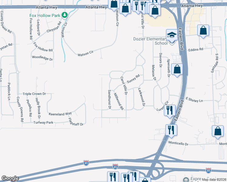 map of restaurants, bars, coffee shops, grocery stores, and more near 5205 Millwood Road in Montgomery