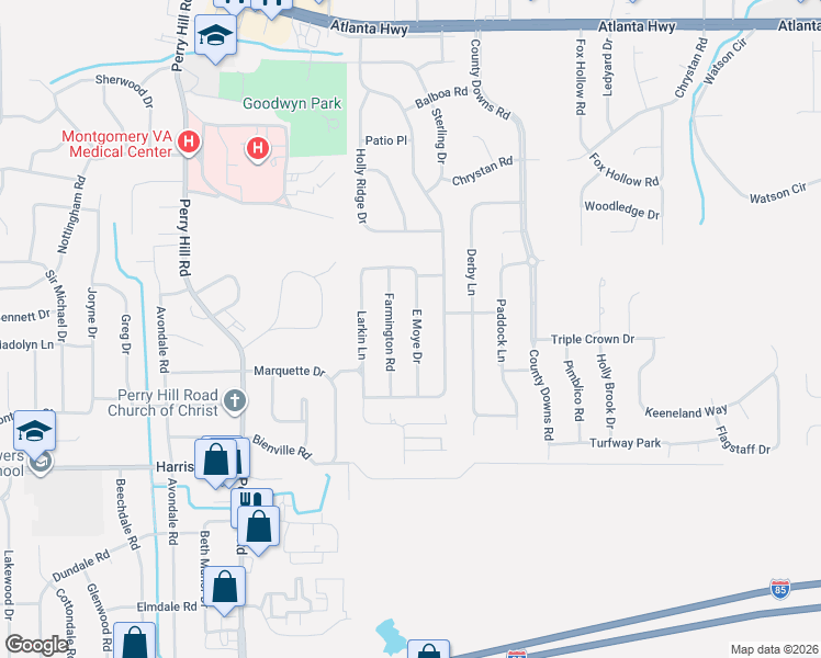 map of restaurants, bars, coffee shops, grocery stores, and more near 543-549 Farmington Road in Montgomery