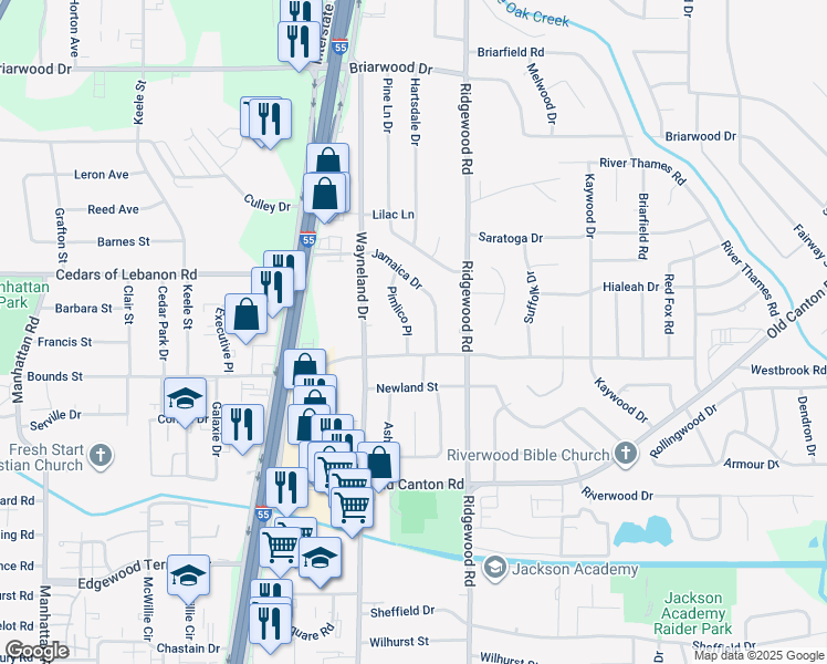 map of restaurants, bars, coffee shops, grocery stores, and more near 416 Pimlico Place in Jackson