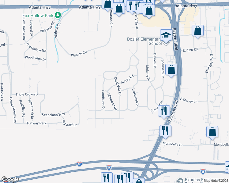 map of restaurants, bars, coffee shops, grocery stores, and more near 5205-5215 Millwood Road in Montgomery