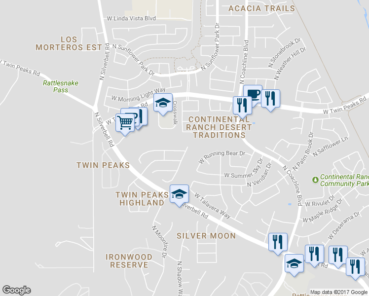 map of restaurants, bars, coffee shops, grocery stores, and more near 7830 West Mural Hill Drive in Tucson