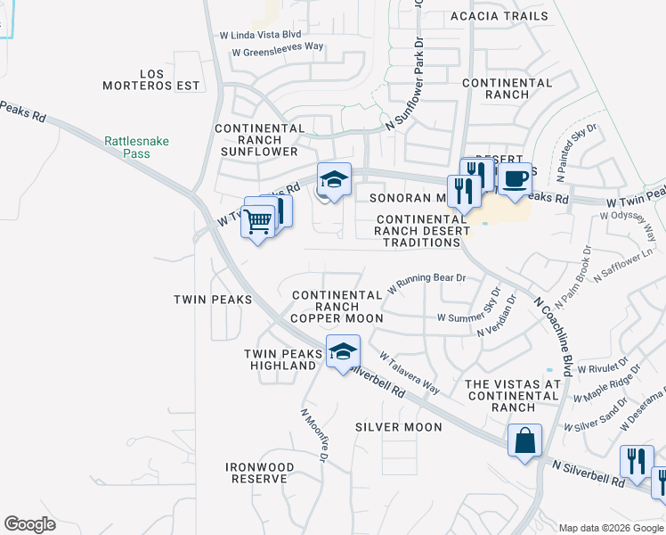 map of restaurants, bars, coffee shops, grocery stores, and more near 7890 West Mural Hill Drive in Tucson