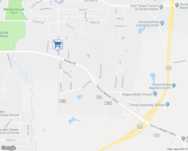 map of restaurants, bars, coffee shops, grocery stores, and more near Daisy Way in Kilgore