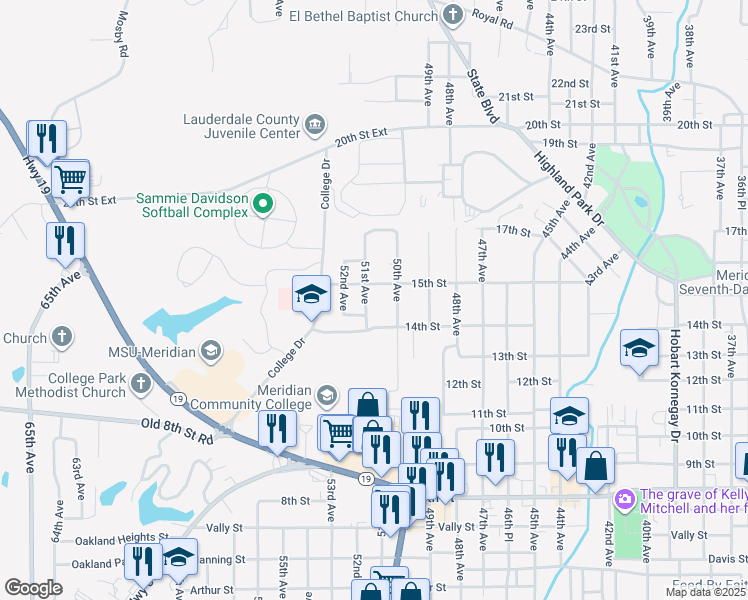 map of restaurants, bars, coffee shops, grocery stores, and more near 1421 50th Avenue in Meridian
