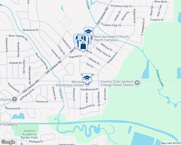 map of restaurants, bars, coffee shops, grocery stores, and more near 222 Glenside Drive in Jackson