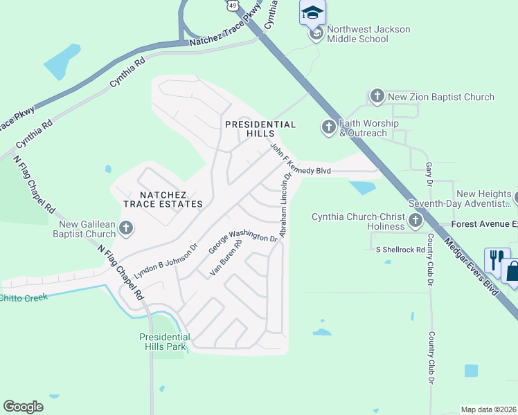 map of restaurants, bars, coffee shops, grocery stores, and more near 3734 John Adams Road in Jackson